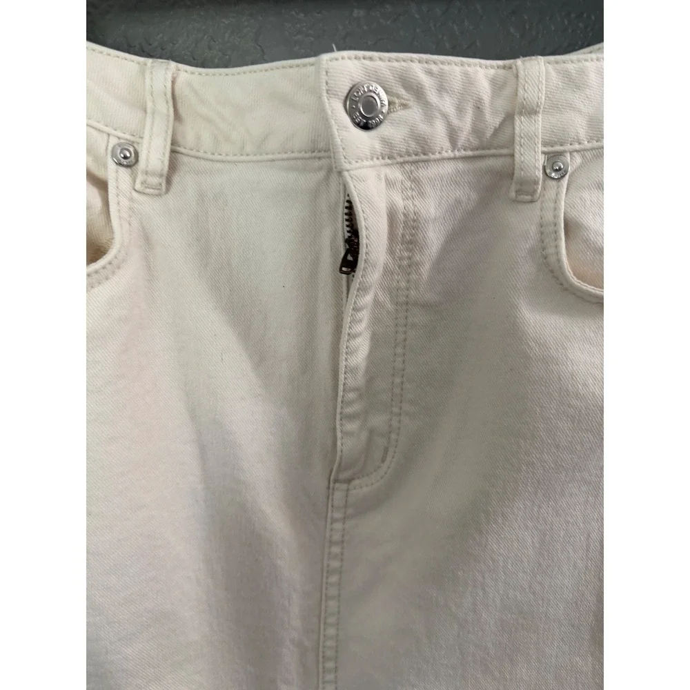 Loft Denim Maxi Skirt White SZ 8 High Waisted Front Slit Raw Hem Zip Up Modern - Picture 4 of 10